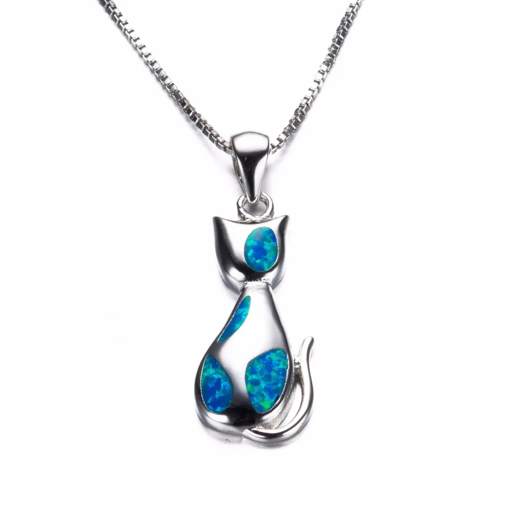 

925 Sterling Silver Animal Sweater Chain Necklaces Jewelry Blue Fire Opal Cat Pendant Necklaces For Women Birthday Gifts