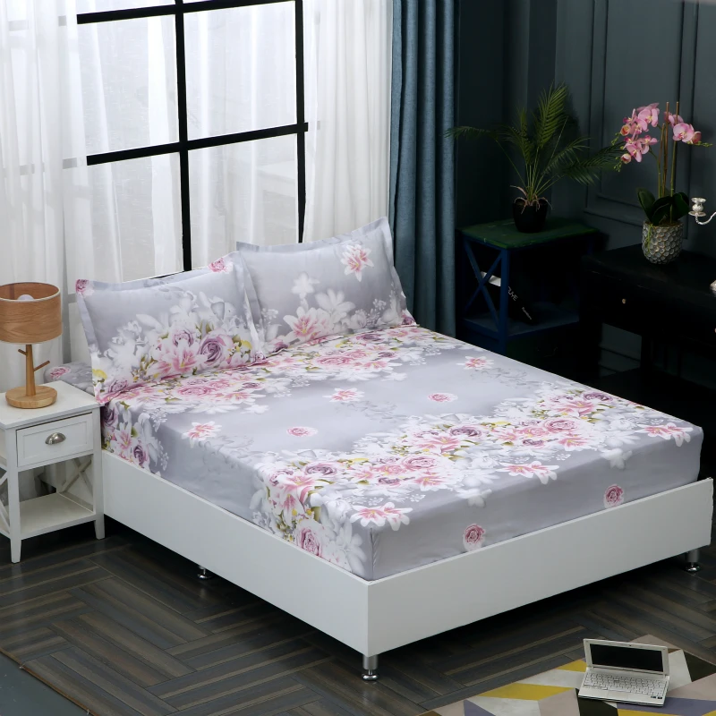 

Solid Color Floral Printed Polyester Bedroom Mattress Cover Fitted Sheet Bed Protector Pad Bedsheet Couvre lit for Bed Room