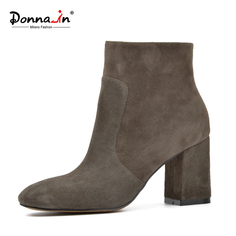 Donna-in domba suede ankle boots mode kaki persegi tumit tebal wanita sepatu tumit tinggi sepatu wanita kulit asli