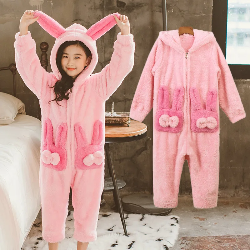 Rabbit Kids Pajamas For Girls Onesie Children Plush Bunny Ear Animal