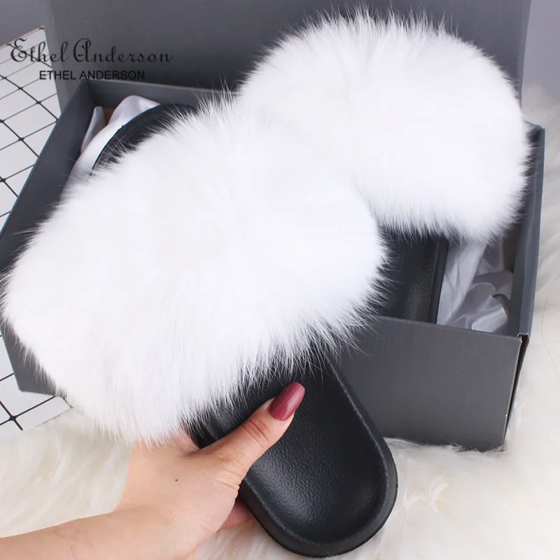 Ethel Anderson Fox fur Slippers Flip Flop women Fur Slides Sandals furry fluffy summer fuzzy slides ‎plush designer hot bestsale