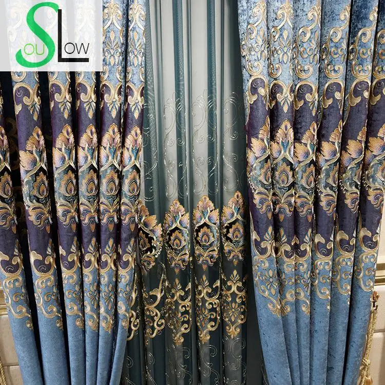 

Slow Soul Blue High End European Style Curtains Embroidered Europe Floral Cortinas Tulle Cortina For Living Room Kitchen Bedroom