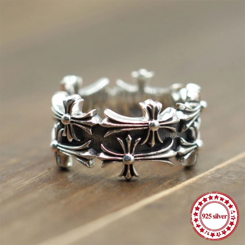 

S925 sterling silver ring cross around punk wind men and women do old ring jewelry personalized ring to send lover's gift