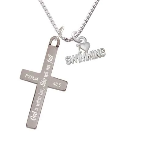 I Heart Swimming - She will not Fall - Cross Necklace (1)