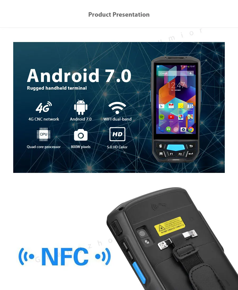 Android 7,0 4 г ручной компьютер POS терминал данных принтер Wi Fi Bluetooth UHF NFC, rfid-считыватель КПК сканер штрих кода с дисплеем