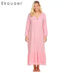 Ekouaer Повседневное Notch Neck Фонари рукавом Для женщин длинное платье Ночная рубашка плюс Размеры