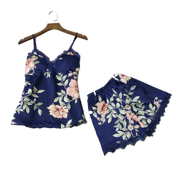 

brand floral print sexy women's lace satin pajamas sets with bra padded short pants beautiful casual nighties sleepwear