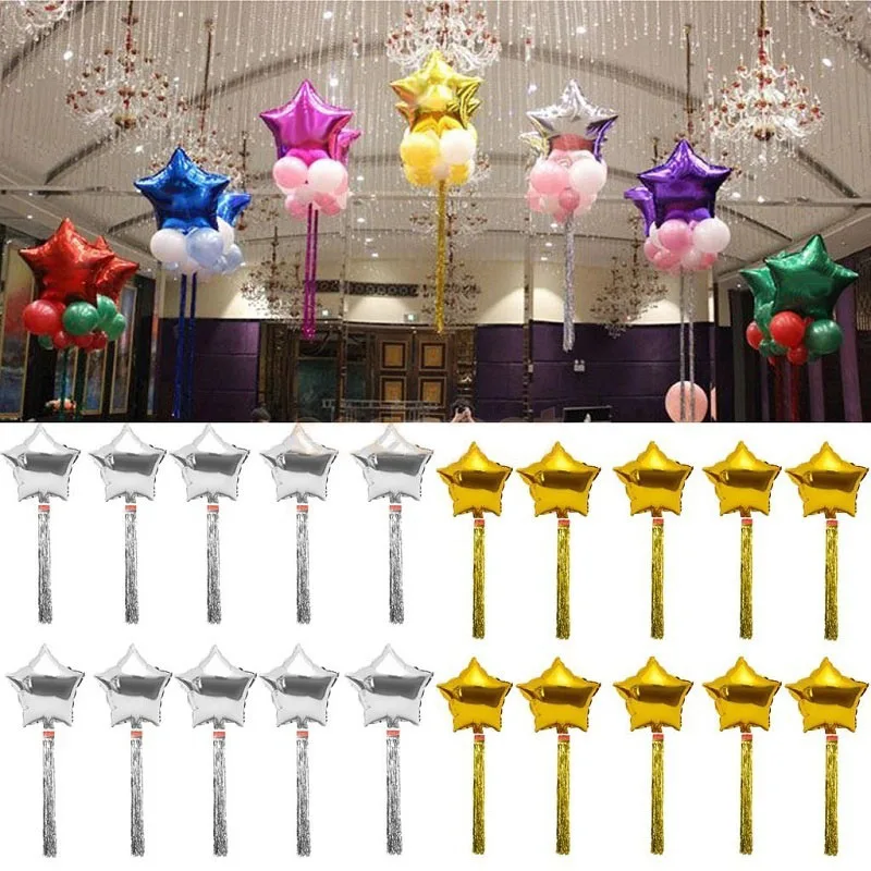 Us 3 23 15 Off 10pcs Set Star Shaped Foil Balloons With Decorative Tinsel Foil Tassel Perfect Wedding Birthday Party Christmas Decoration In Ballons