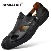 Ramialali/летние пляжные мужские сандалии из натуральной кожи; мужские удобные сандалии; Нескользящие мягкие резиновые сандалии