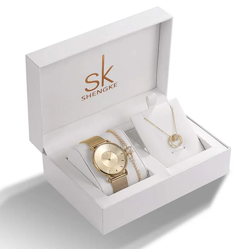 Shengke, розовое золото, женские часы, набор, роскошный кристалл, дизайн, серьги, ожерелье, часы, набор, коробка, часы, рождественские подарки, ювелирные изделия для женщин - Цвет: 0059