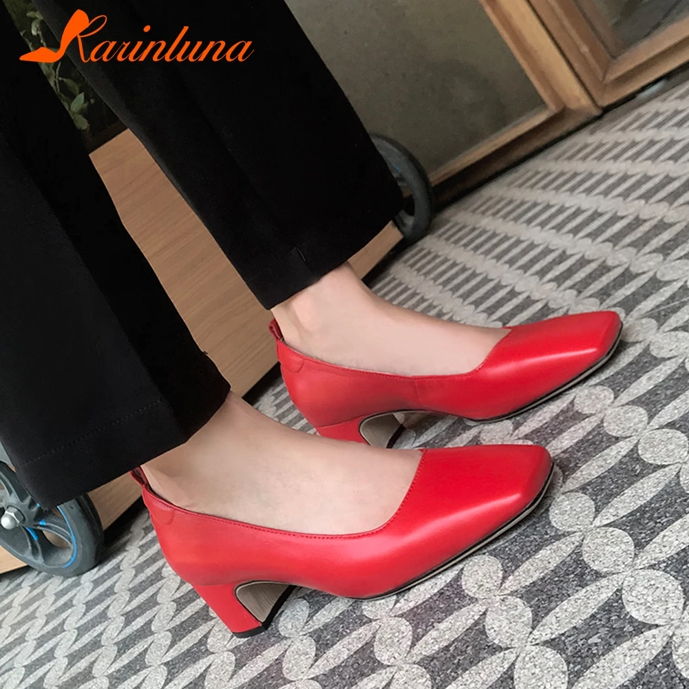 

KARINLUNA brand design chunky heels genuine leather sheepskin office lady pumps woman shoes slip on shoes woman pumps female