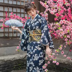 Темно синий для женщин косплэй японское кимоно традиционный цветочный принт юката с Оби элегантный длинный стиль для девочек сценическое