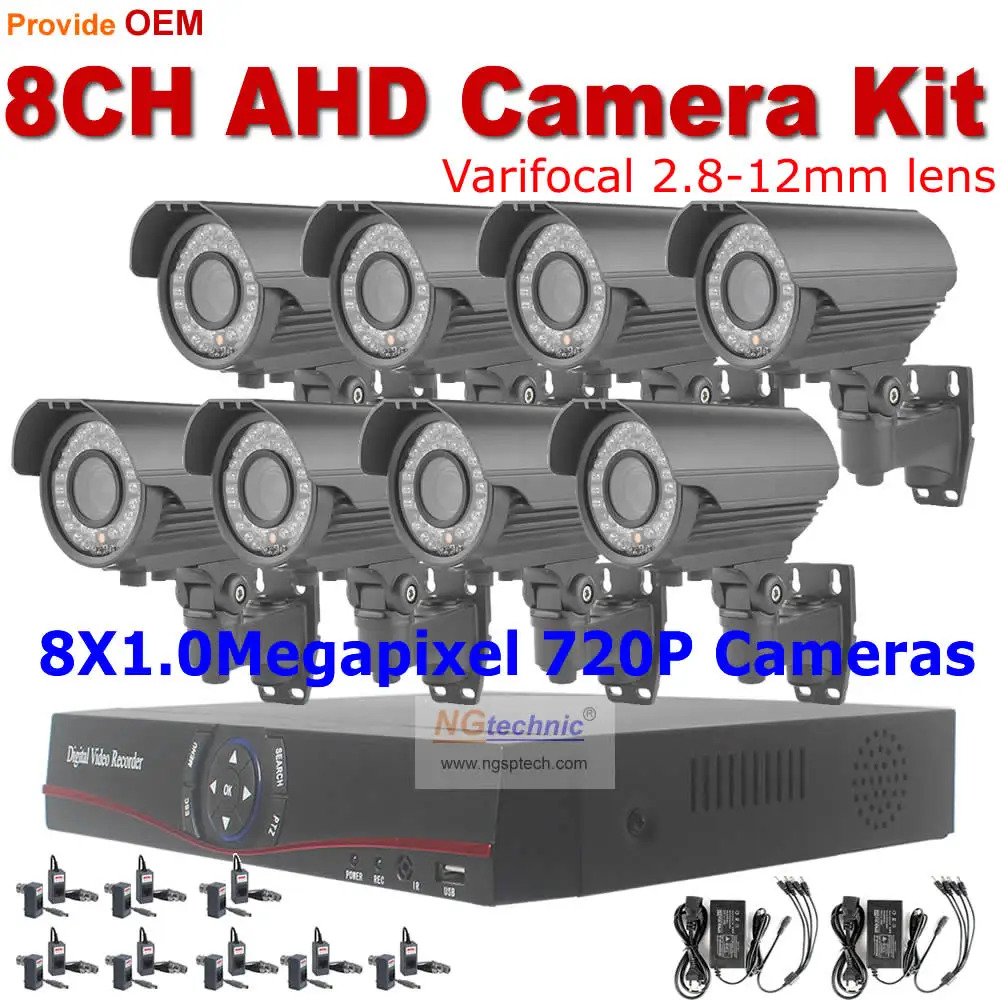 

Free shipping! AHD Camera system 8ch HDMI AHD DVR and 8pcs varifocal 2.8-12mm lens outdoor night vision 720P CCTV Camera AHD Kit