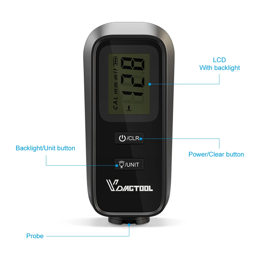 VDIAGTOOL VC100 OBD2 цифровой датчик толщины покрытия 1 микрон/0-1300 тестер толщины автомобильной краски метр измерения FE/NFE