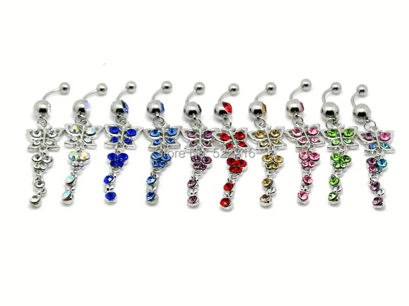 

10pcs/lot mix colors navel bar double butterly dangle bell button rings wholesale body piercing jewelry crystal belly ring 14G