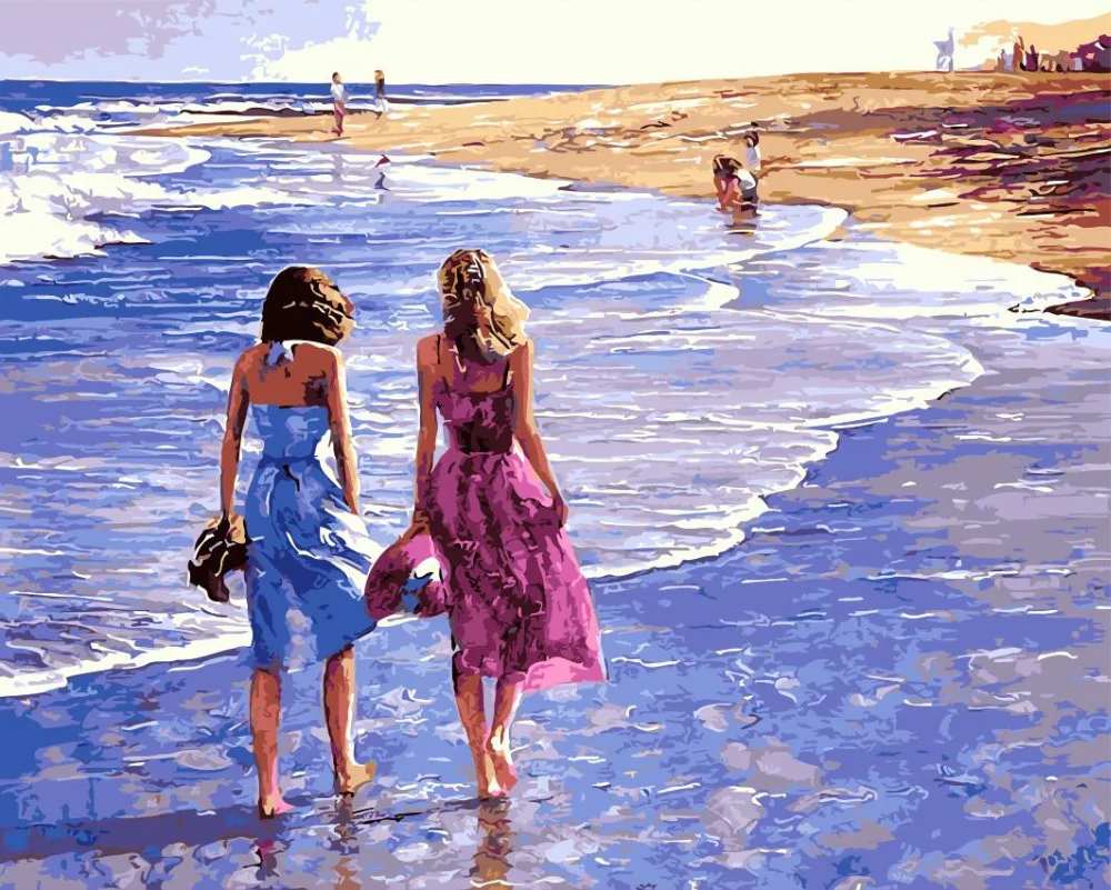 

on the beach girls and sea Oil Painting picture By Numbers Digital Pictures DIY Coloring Unique Gift Home Decoration living room