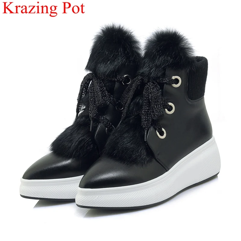 

2018 new arrival pointed toe cow leather snow boots keep warm fur winter shoes platform lace up solid women mid-calf boots L19