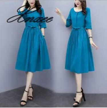 Cotton and linen dress new summer women's loose over the knee was thin waist tie literary retro dress - Цвет: Синий
