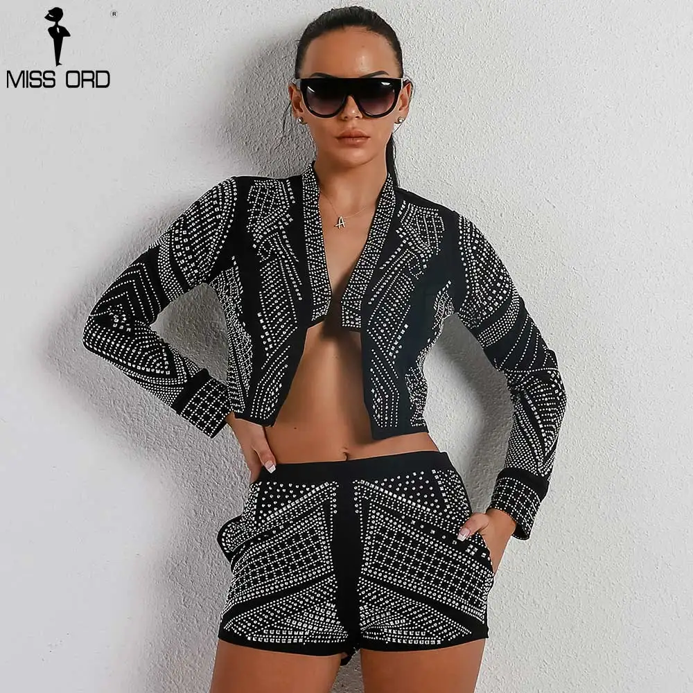 

Missord 2019 Summer Sexy Geometry Retro Long Sleeve Two Pcs Set Rhinestone Playsuit TB0019