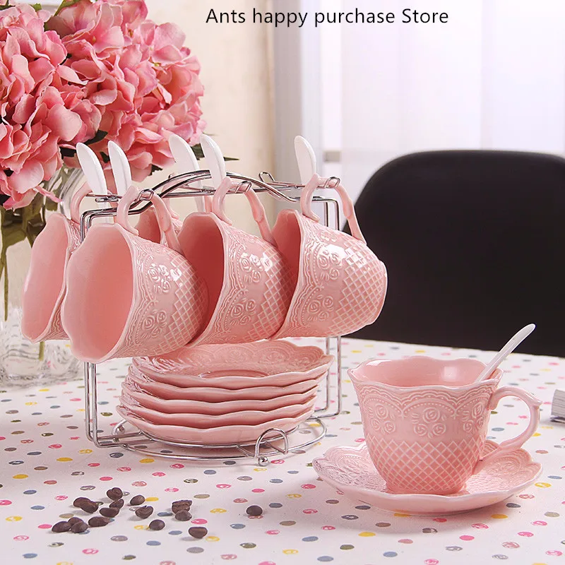 

Embossed pattern ceramic coffee cup dish Afternoon tea set Creative cup tea set with dish shelf spoon