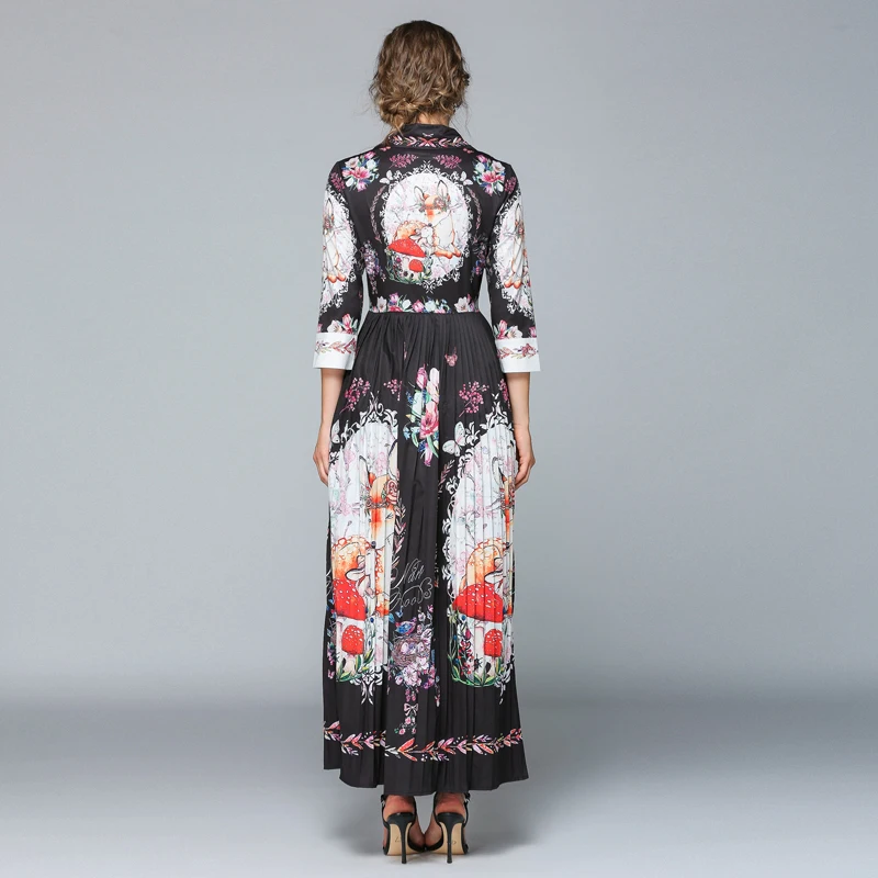 HAMALIEL Vintage Pleated Long Women Dress Summer Print Flowers Turn Down Collar Maxi Dresses Elegant Hit Color Casual Vestidos