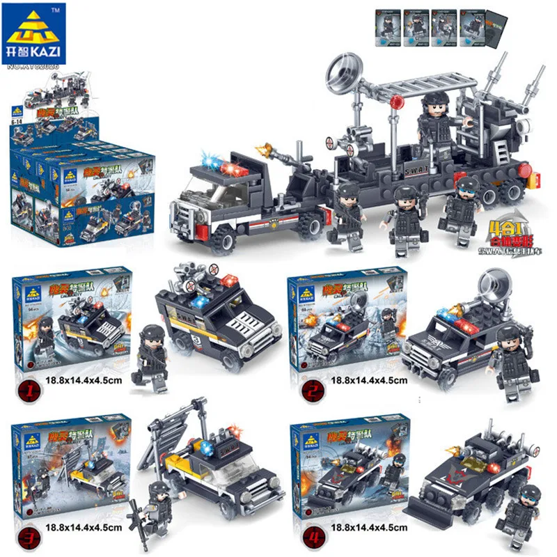 

KAZI 4 In 1 SWAT Police Series Trucks Armored Car Model Blocks Set Compatible City Figures Bricks Toys