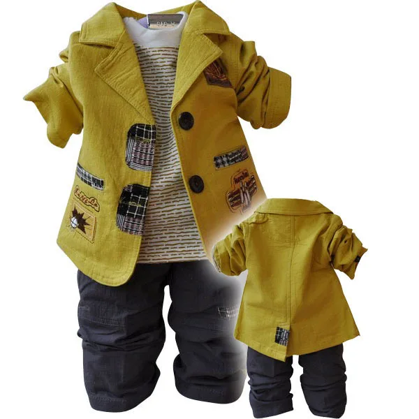 Блейзер для мальчиков комплекты для маленьких мальчиков повседневные комплекты одежды с блейзером набор: детское хлопковые пальто+ футболка+ штаны одежда для маленьких мальчиков 12 мес.-5 лет - Цвет: Цвет: желтый