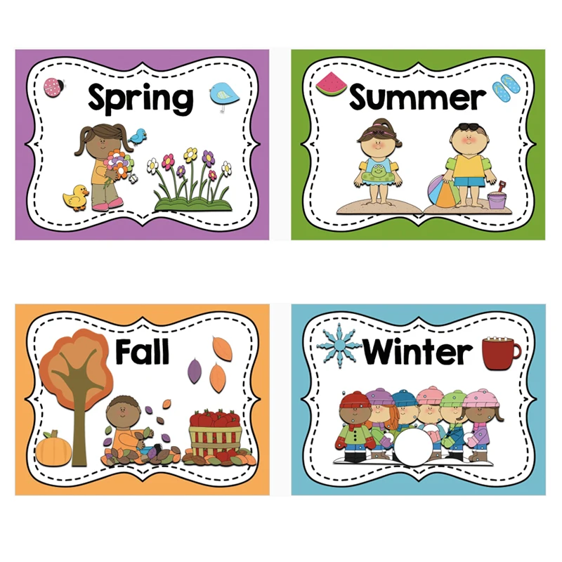 4pcs Set A4 English Card Four Seasons Word Cards Montessori
