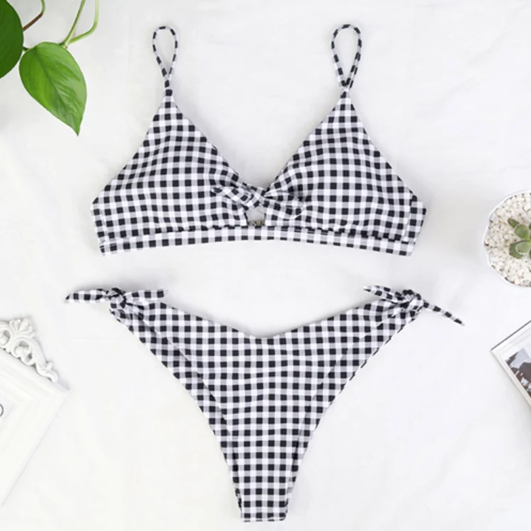 

Hollowed Plaid Sexy Bikini Set Women String Swimsuit Push Up Swimwear 2019 Tied Thong Brazilian Bikini Bathing Suit Swim Wear