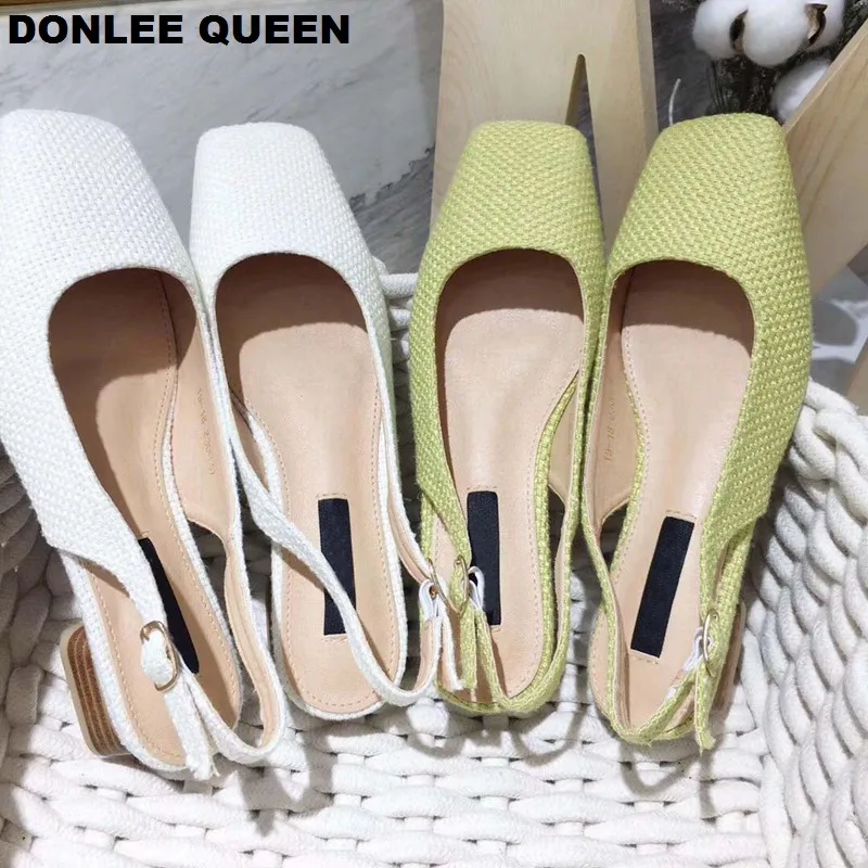 

2019 New Summer Low Heel Sandals Back Strap Slip On Mules Square Toe Casual Shoes Fashion Cane Weave Spring Shoe sandalias mujer