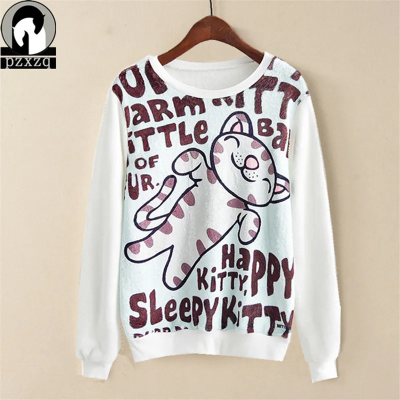 

2018 Spring Winter Harajuku White Tops Woman Girls Plus Cashmere Fleece Warm Cartoon Unicorn Animal Fruit Print Sweatshirt
