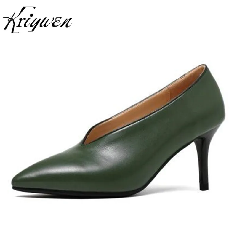 

Kriywen Women Pumps Genuine Leather Stilettos High Heels Shoes Woman Femmes Pumps Brand Pointed Toe Sexy Lady Party shoes 33-40