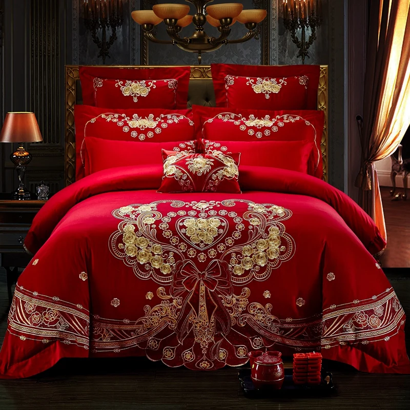 Luxury Golden Rose Love Embroidery Egyptian cotton Wedding Bedding Set