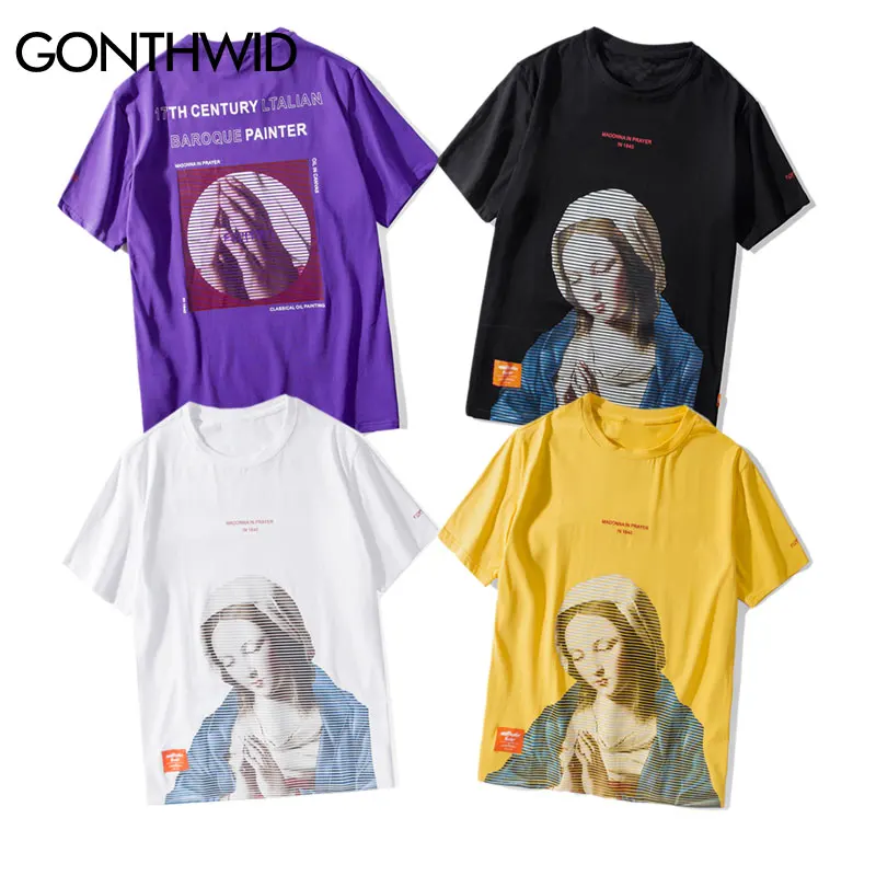 GONTHWID Мадонна в молитве футболки забавные Девы Марии мужские хип хоп повседневные хлопковые футболки с коротким рукавом Мужская Уличная одежда тройники