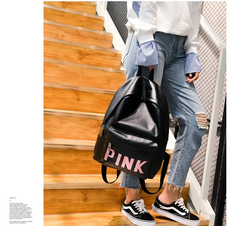 Women Leather Backpack Pink Letter Bolsas Mochila Feminina Large Girl Schoolbag Travel Bag School Backpacks Black Bagpack