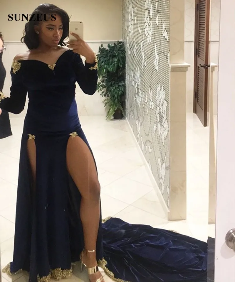Navy Blau Velour Prom Kleid Mit 2 Schlitze Sexy Hohe Bein Slit Party Kleider  Mit Langen Ärmeln Gold Appliques Sweep zug gala jurken|Prom Dresses| -  AliExpress