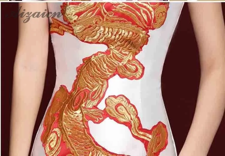 Chinoise Белый Вышивка Чонсам с драконами современный длинное платье Qi Pao для женщин Китайский Вечеринка платья для 2019 двойка