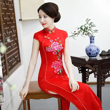 

Sexy Red Lady Cheongsam 2019 Spring Summer Chinese style Mandarin Collar Long Dress Women Qipao Slim Party Dresses Vestido S-3XL