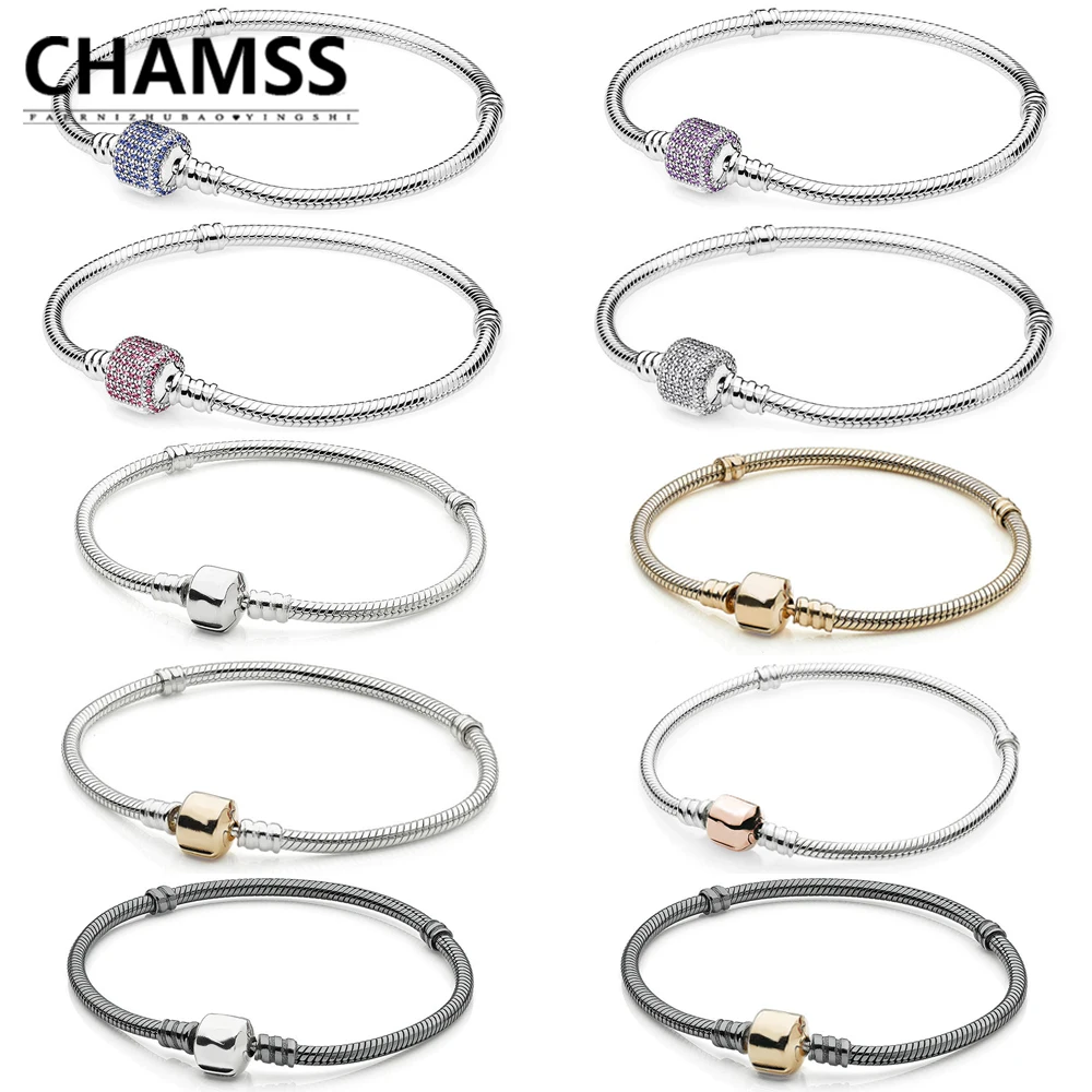 

CHAMSS 100% Real 925MOMENTS Gold Button Silver Bracelet PDs Original Valentine's Day Gift