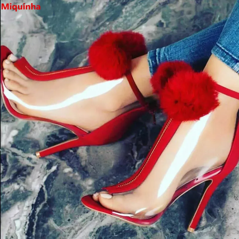 

Miquinha Red PVC Suede Patckwork Peep Toe Hairy Ball Zipper Transparent Women Summer Boots New Style Women Casual Leisure Boots