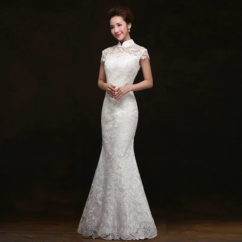 Белое Кружевное длинное платье Ципао с рыбьим хвостом, женское современное китайское традиционное платье в китайском стиле, винтажное свадебное платье