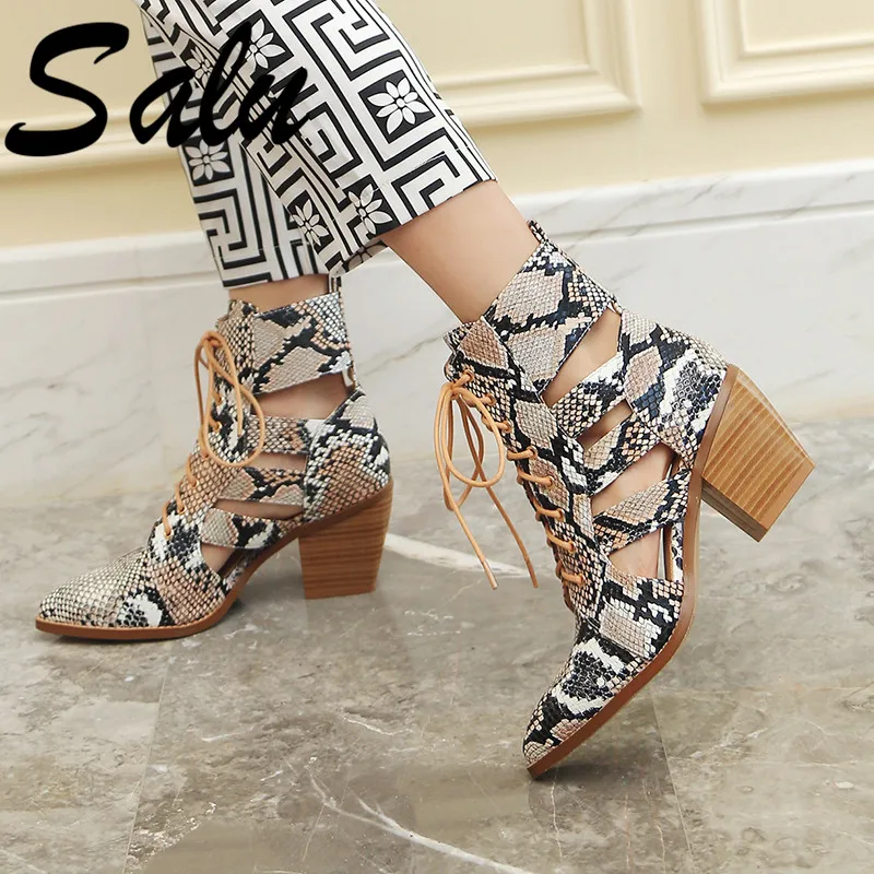 

Salu Size 32-44 Ankle Boots Women Open Toe Lace-up Footwear Thick Heels Boots Female Pu Gladiator Shoes Woman Summer