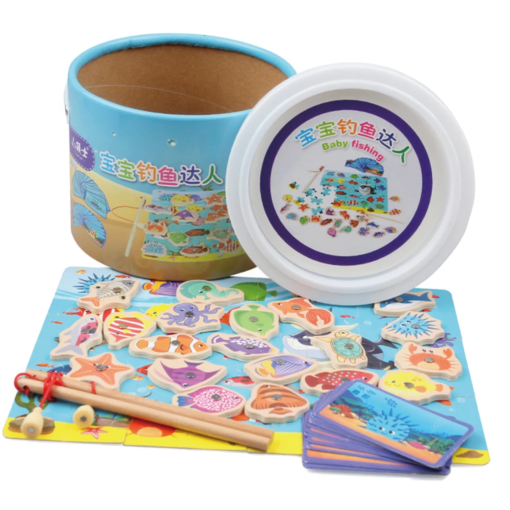 3 in One Magnetic Fishing Game Toy, 20 Wooden Fish Animal Model & 2 poles with Ocean Jigsaw Puzzle Board Educational Pretend Toy