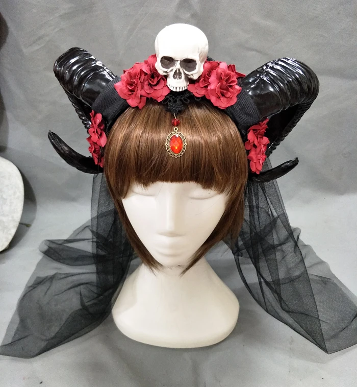 

Horn Headband Gothic Lolita Devil Floral Horns Headpieces Halloween Skull Veil Headdress Cosplay Hair Accessories
