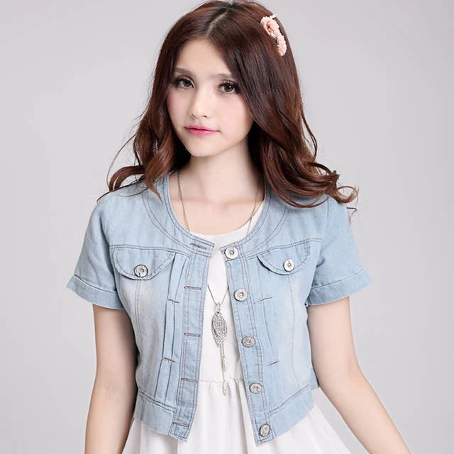 LinsDenim Fashion Women Denim Jackets Round Neck Short Denim Jean