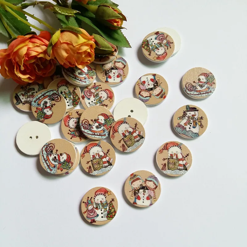 50pcs/lot Painting Christmas series buttons DIY sewing home textile Round 2 Holes wooden button 25 mm Mix Design 2