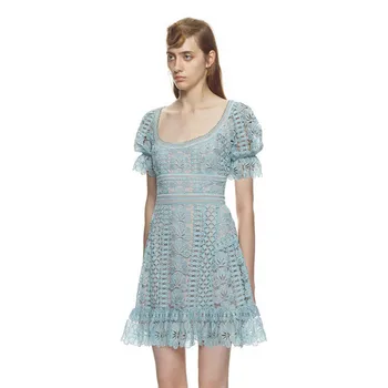 

New Runway Self Portrait Dress Lace Women Mid Long Puff Sleeves O-neck 2018 Summer Sexy Hollow Out Female Party Dresses Designer