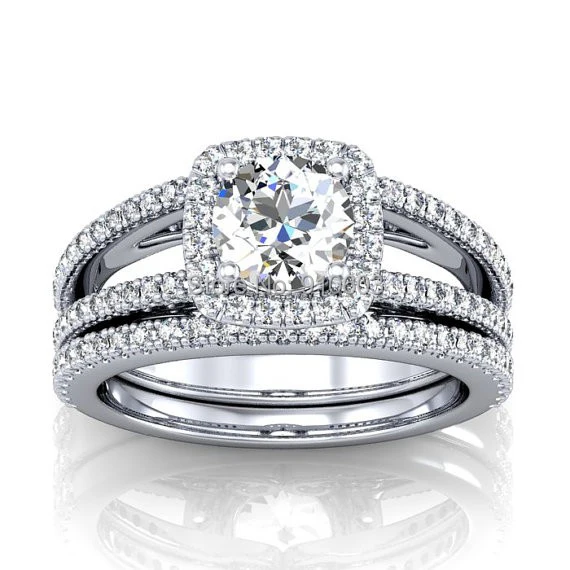 Brilliant Simulated Diamond Center 2 Carat Halo 9k White Gold Brilliant Simulated Diamond Center 2 Carat Halo 9k White Gold Wedding Set Ring With Split Shank