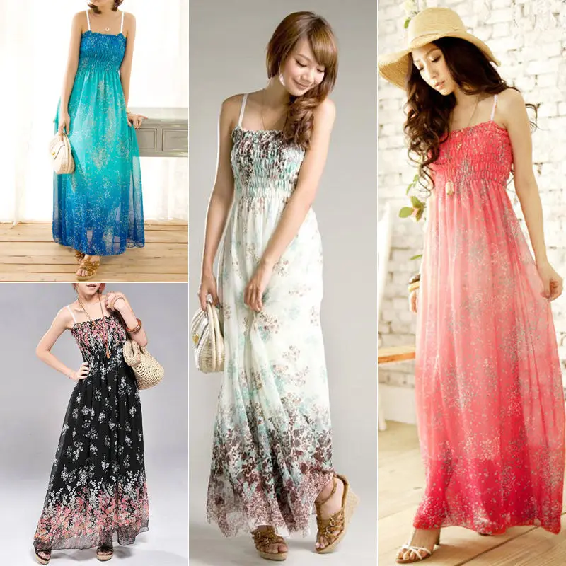 

Summer Women Boho Long Party Cocktail Ladies Casual Beach Dress Sundress Strap Chiffon Long Dress