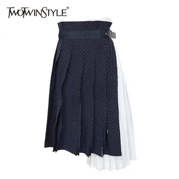 

TWOTWINSTYLE Summer Striped Patchwork Slim Women Skirt High Waist Asymmetrical Pleated Skirts Female Fashion 2020 Elegant